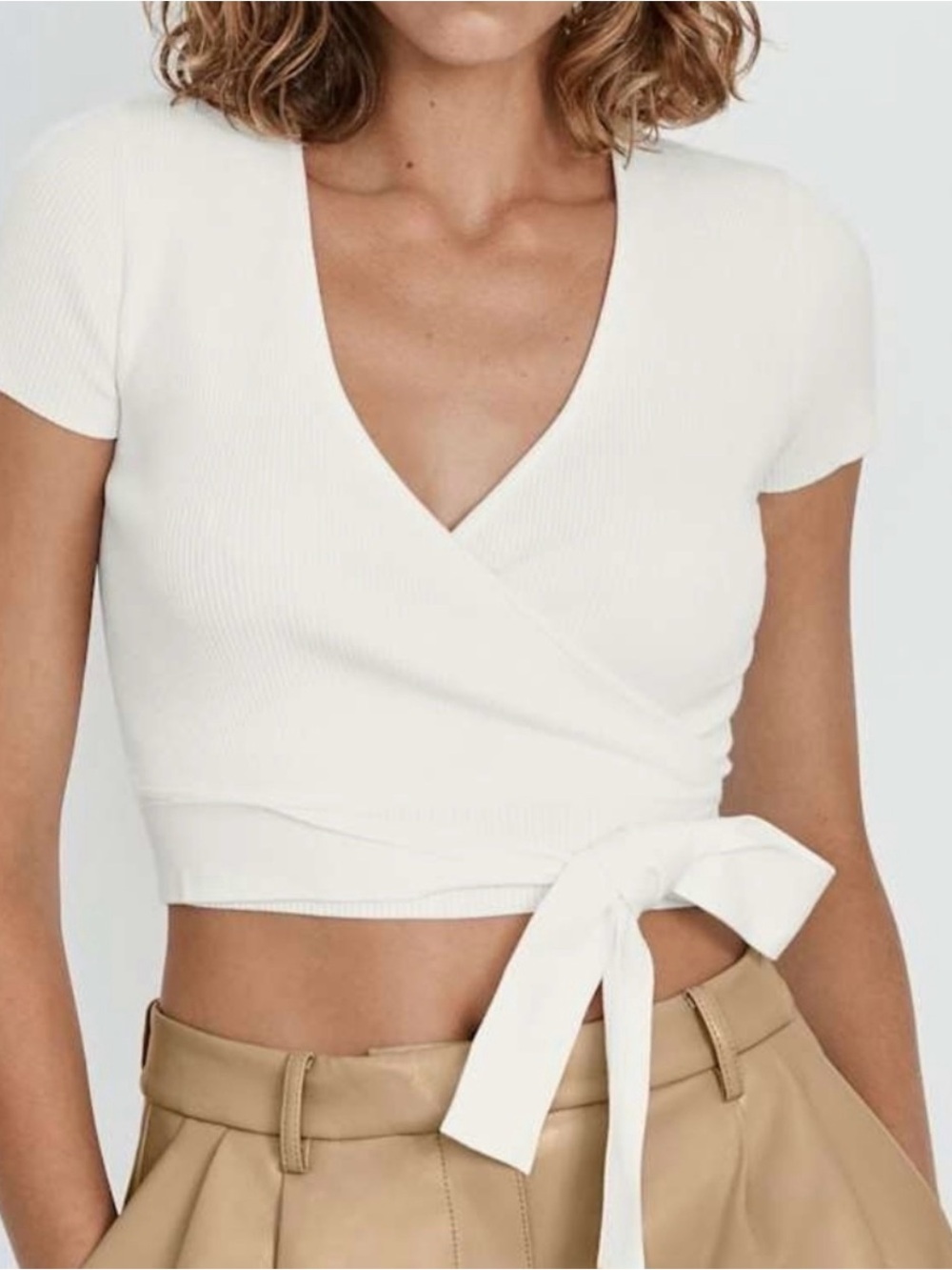 Wilfred Cream Ribbed Wrap Tie Crop Top